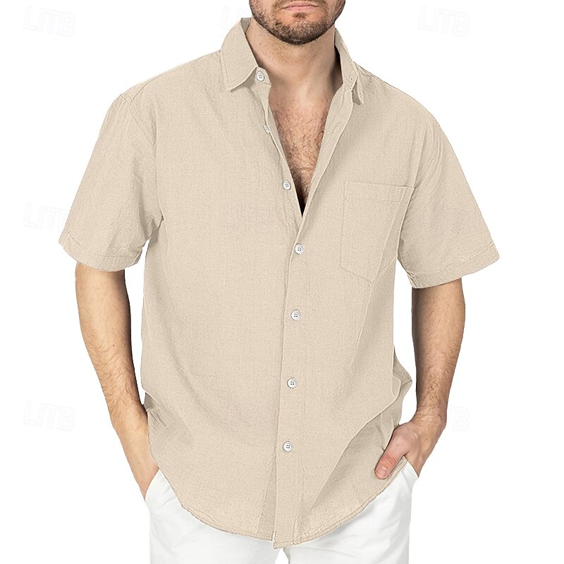Men's Shirt Linen Shirt Summer Shirt Beach Wear Button Up Shirt Untucked Shirts Vacation Casual Black White Navy Blue Sky Blue Short Sleeves Turndown Summer Spring & Summer Clothing Apparel Pocket2