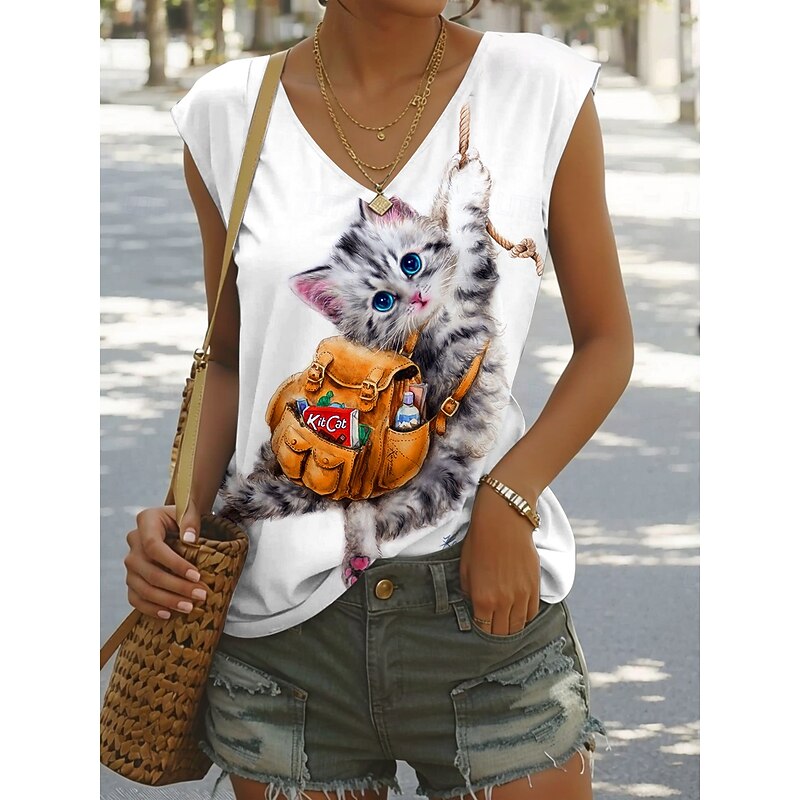 Kayomi Harai Women's Camisole Tank Top Graphic Animal Cat Stylish Classic Casual Sleeveless V Neck Regular Tops Daily Print Black White Yellow Summer Spring4