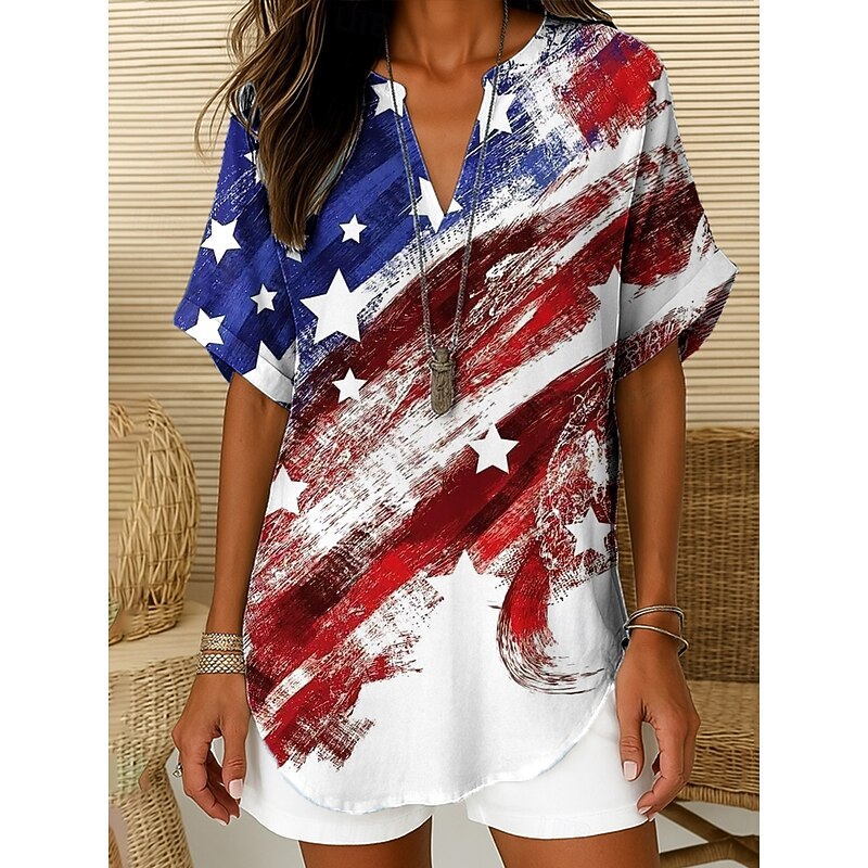 Women's Patriotic  Blouse Ombre Heart Flag Elegant Daily Stylish Short Sleeve V Neck Notched Neck Regular Tops Work Daily Holiday White Red Blue Summer2