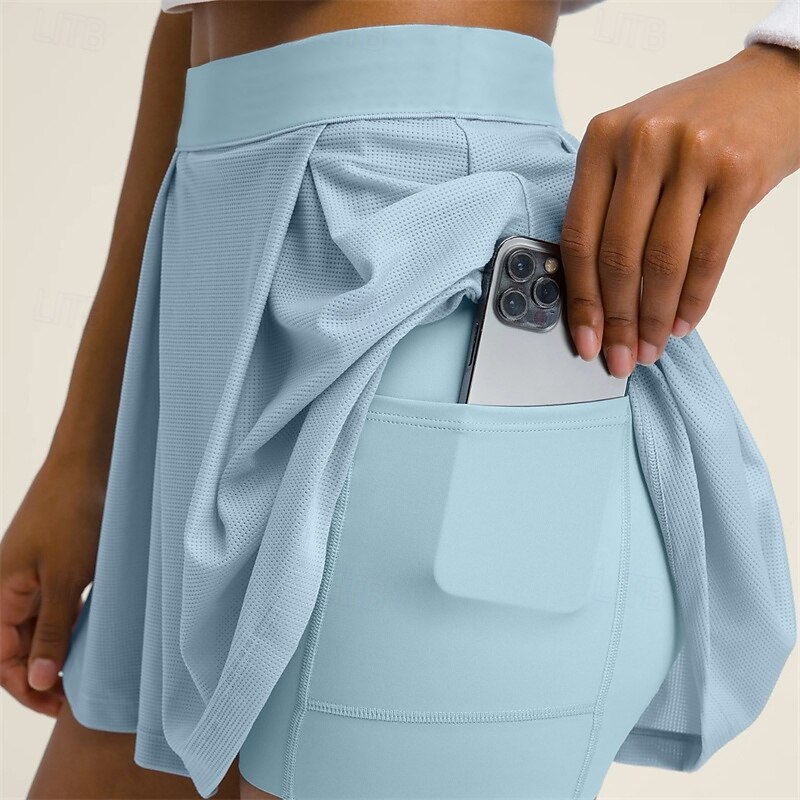 Women's Solid Colored Tennis Skirts Tennis Skirts with Shorts Hollow Out Quick Dry Breathable Tennis Golf Pickleball Light Blue Tennis Clothing2