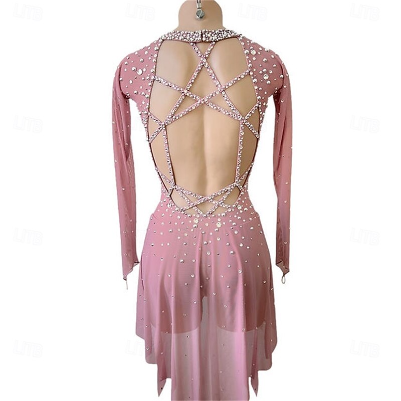 Figure Skating Dress Women's Girls' Ice Skating Dress Pink Patchwork Open Back Mesh High Elasticity Training Competition Skating Wear Classic Crystal / Rhinestone Long Sleeve Ice Skating Figure3