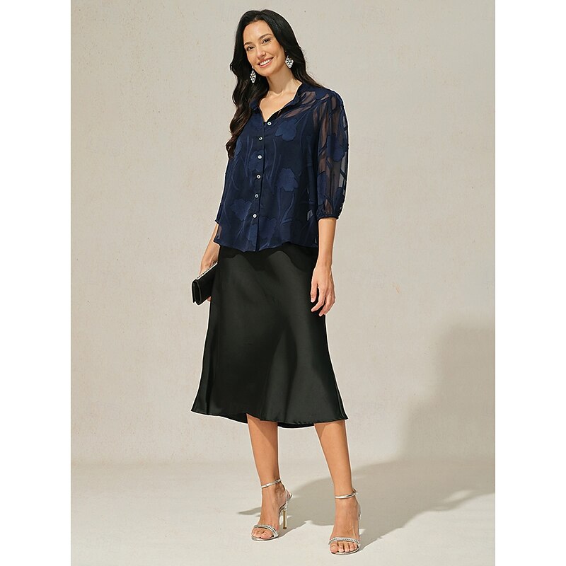 Women's Blouse Button-Up Shirt with Camisole Floral  Elegant Vintage Stylish Half Sleeve V Neck Regular Tops Work Holiday Going out Buttons Eyelet Navy Blue Summer Spring Fall3