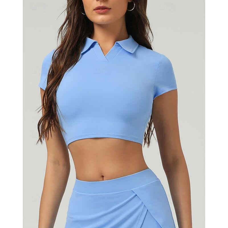 Women's Solid Colored Tennis Top Short Sleeve Crop Top Quick Dry Breathable Tennis Golf Jogging Polo Collar Top Navy Blue Khaki Tennis Clothing