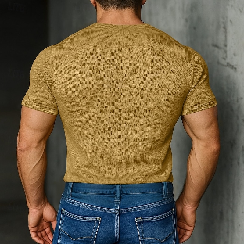 Men's T Shirt Knit Tee Tee Top Short Sleeve V Neck Summer Solid Color Fashion Designer Basic Knitted Vacation Street Casual Light Blue Yellow Beige Top Tee for Men3