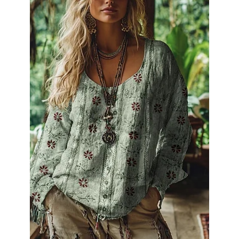 Women's Western Blouse Boho Shirt Blouse Flower Modern Casual Long Sleeve V Neck Regular Tops Daily Holiday Going out Print Light Green Pink Blue Purple Green Summer Autumn4