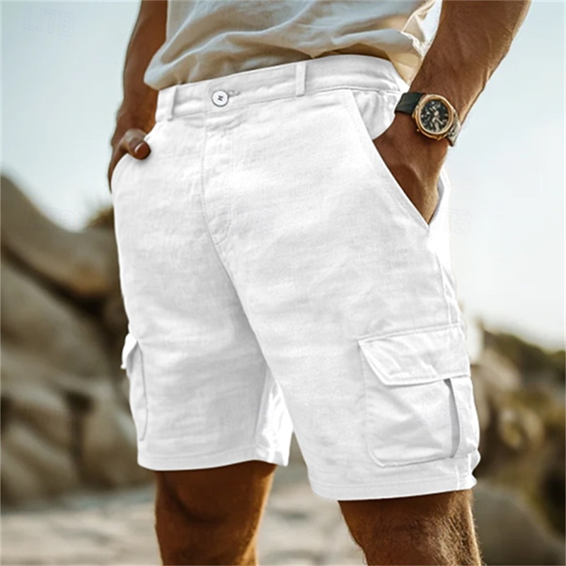 Men's Cargo Shorts Linen Shorts Summer Shorts Beach Shorts Multi Pocket Straight Leg Plain Comfort Breathable Knee Length Outdoor Casual Daily Classic Style Retro Vintage White Navy Blue2