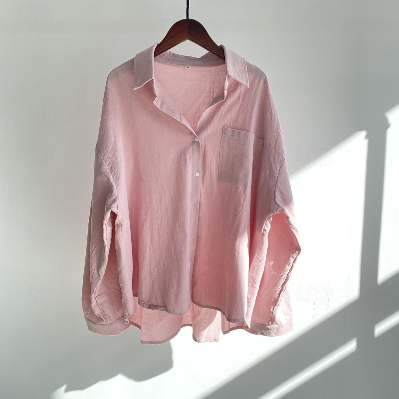 Women's Shirt Cotton Linen Shirts Blouse Plain Modern Casual Long Sleeve Shirt Collar Regular Tops Daily Holiday Going out Buttons Pocket Light Green Pink Blue Apricot Gray Summer2