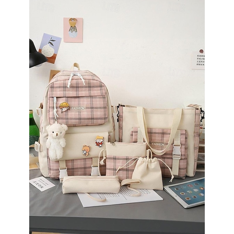 Girls 5-piece school backpack set with messenger bag, Pencil bag, Coin purse - Cute patchwork plaid design, Lightweight and durable, Suitable for teenagers and daily use