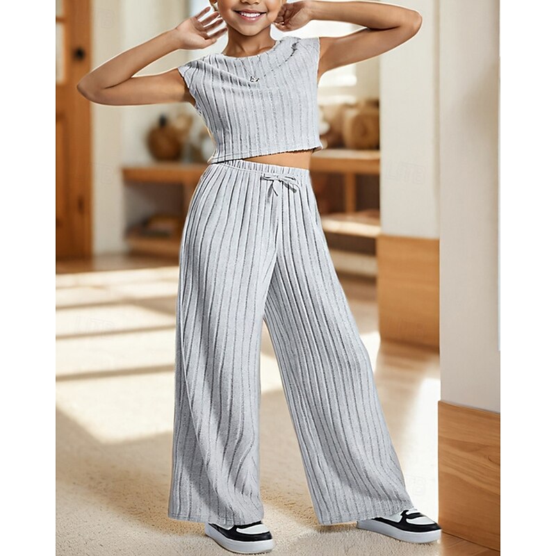 2 Pieces Kids Girls' Solid Color Crewneck T-shirt & Pants Set Short Sleeve Fashion Outdoor 4 years+ Summer Light Grey