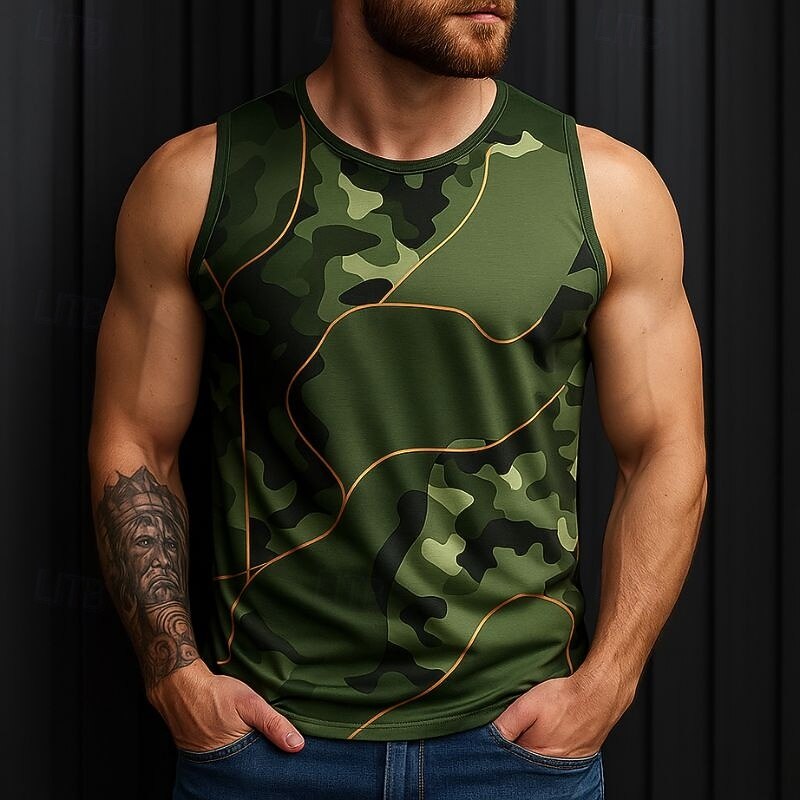 Men's Vest Top Undershirt Sleeveless Shirt Sleeveless Crewneck Spring & Summer Pattern Camo / Camouflage Fashion Designer Vacation Street Going out Yellow Army Green Gray Top Tee for Men2