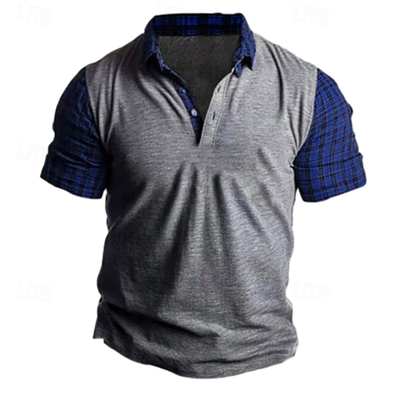 Men's T Shirt Henley Shirt Tee Short Sleeve Shirt Short Sleeve Henley Summer Plaid Fashion Designer Basic Patchwork Vacation Street Going out Red Blue Green Top Tee for Men2
