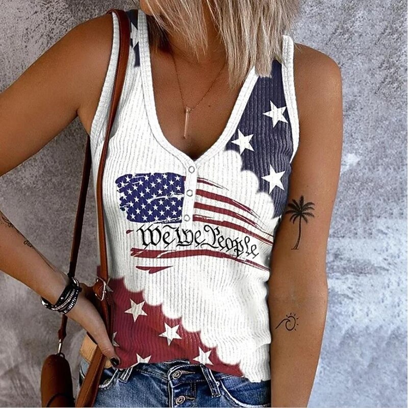 Women's Patriotic  Camisole Tank Top Graphic Flag Vintage Tropical Stylish Sleeveless V Neck Regular Tops Daily Print Denim Blue Black White Red Blue Summer Spring