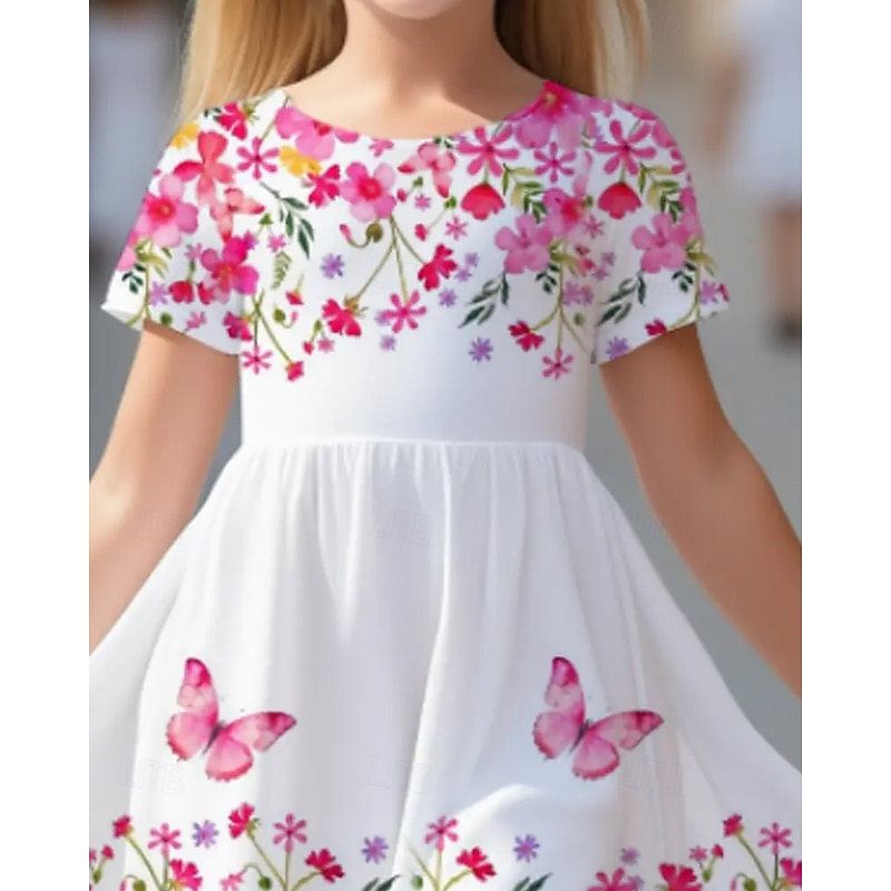 Girls' 3D Floral Butterfly Dress Short Sleeve Summer Spring Vacation Daily Holiday Princess Beautiful Sweet Kids 4-12 Years Casual Dress A Line Dress Knee-length Regular Fit4