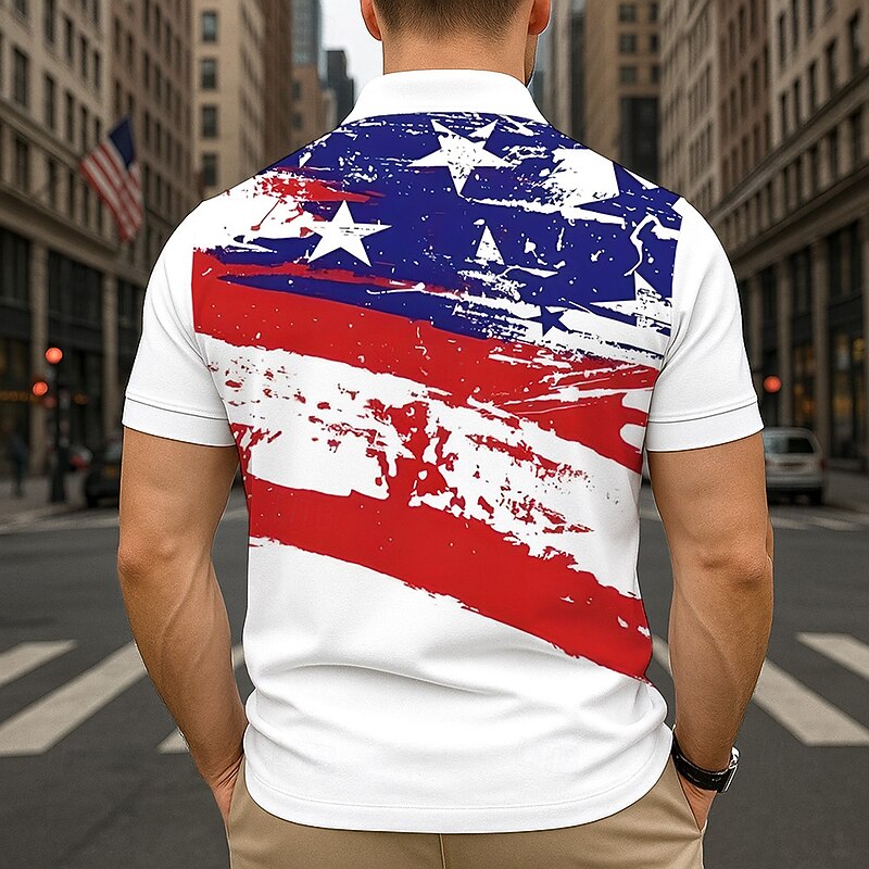 Independence Day Men's American US Flag Zip Polo Short Sleeve Turndown Casual / Sporty Sports & Outdoor Athleisure 3D Print Summer Blue White2