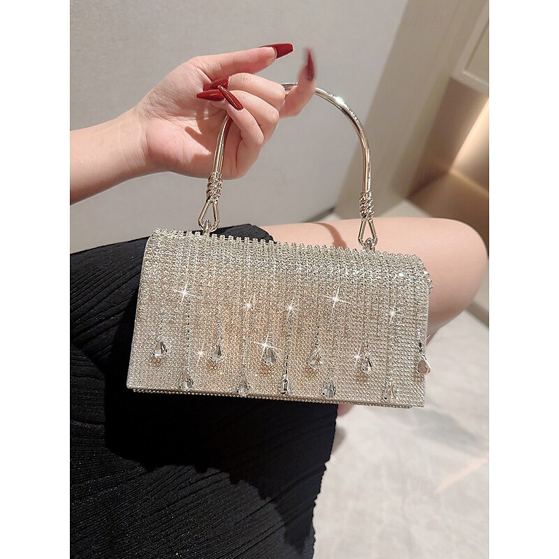 Women's Elegant Crystal Evening Handbag with Silver Chain, Beaded Detail, and High-Quality Zipper, Perfect for Weddings, Parties and Formal Events.2