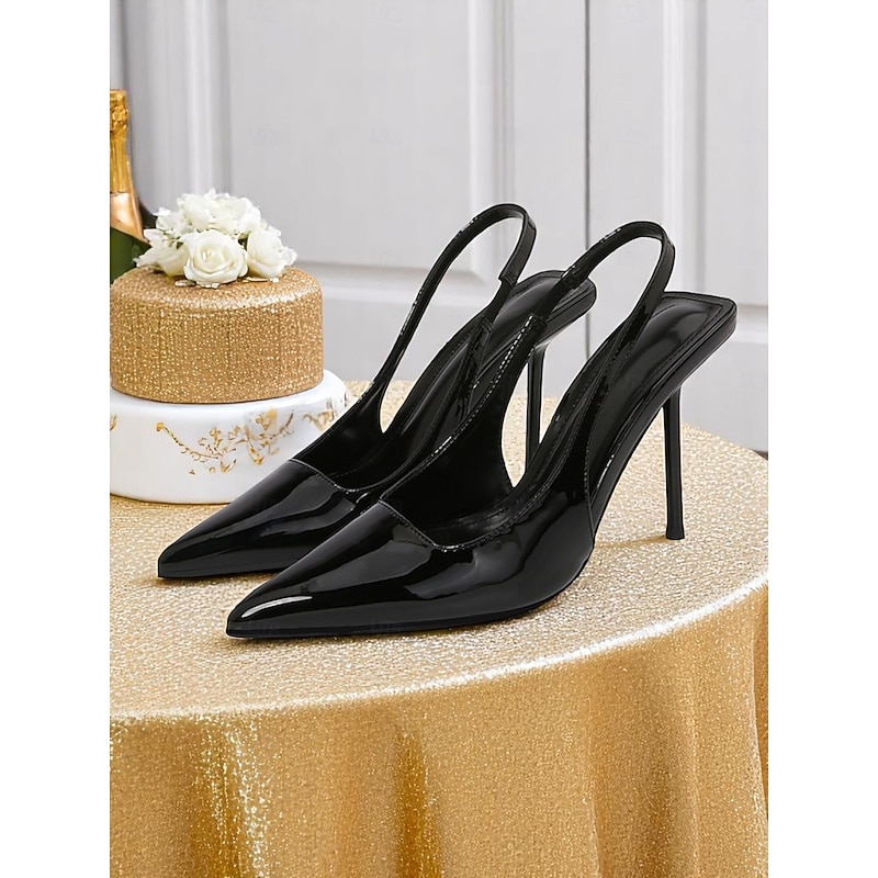 Women's White Patent Leather Slingback Pumps – Modern Pointed Toe Stiletto Heels for Chic Cocktail Parties and Elegant Evenings