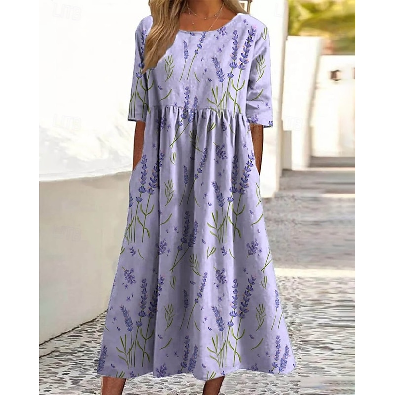 Women's Midi Dress Casual Dress Floral Dress Classic Modern Outdoor Vacation Daily Regular Fit Flower Short Sleeve Crew Neck Yellow Pink Purple Green Fall2