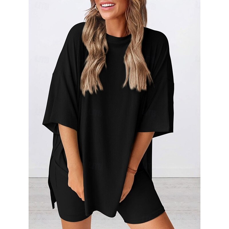 Women's Fashion Streetwear Daily Shorts Sets Short Sleeve Crew Neck Solid Color Casual Daily Black White Red Summer Loose Fit2