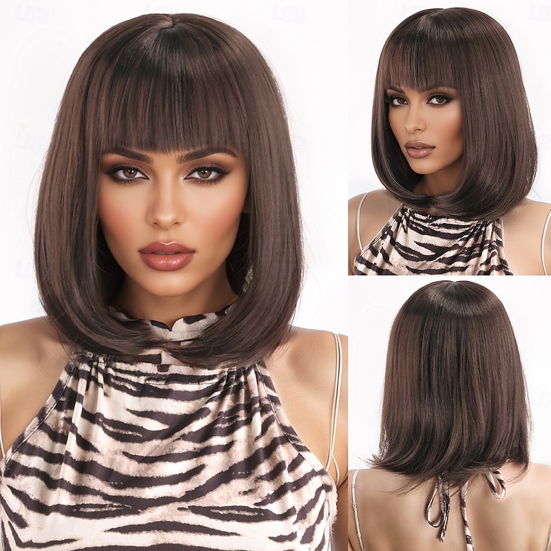 Synthetic Wig kinky Straight Yaki Straight Asymmetrical Neat Bang Wig 12 inch A1 Synthetic Hair Women's Adjustable Comfortable Brown Wigs