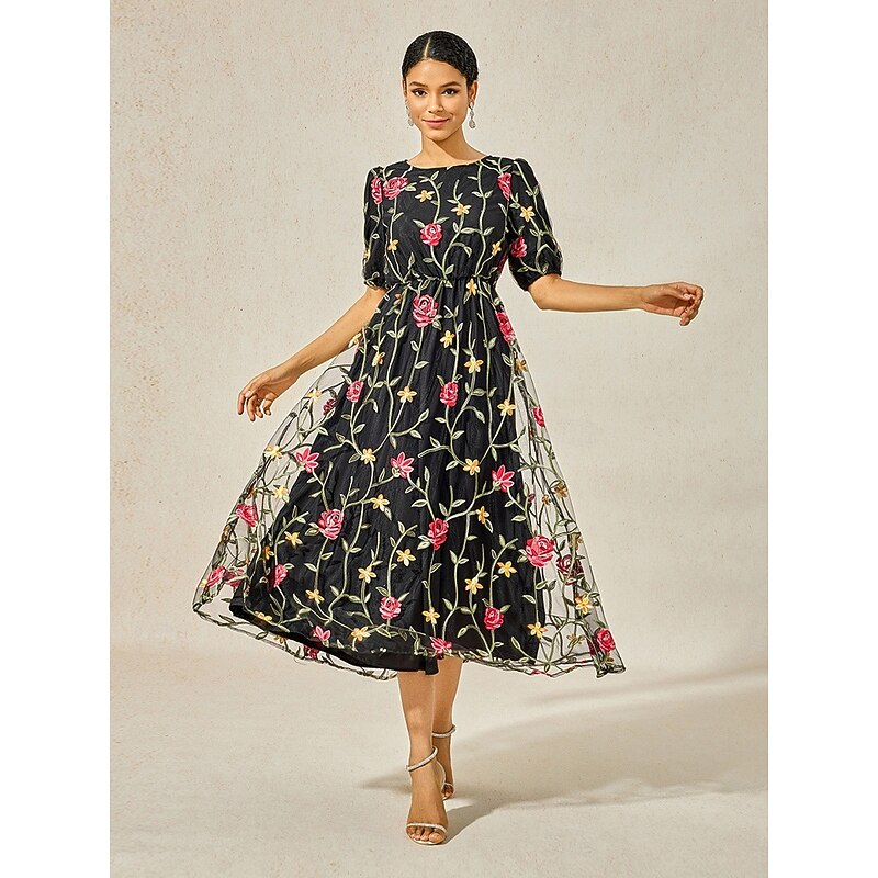 Women's Maxi Dress Black Dress A Line Dress Elegant Stylish Puff Sleeve Vacation Daily Loose Fit Floral Short Sleeve Crew Neck Black Summer2