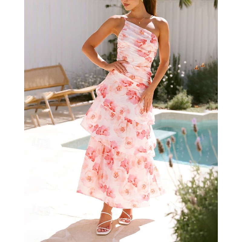 Women's Long Dress Maxi Dress Floral Dress Print Dress Fashion Modern Outdoor Vacation Holiday Regular Fit Flower Sleeveless One Shoulder Pink Blue Light Purple Light Blue Summer3