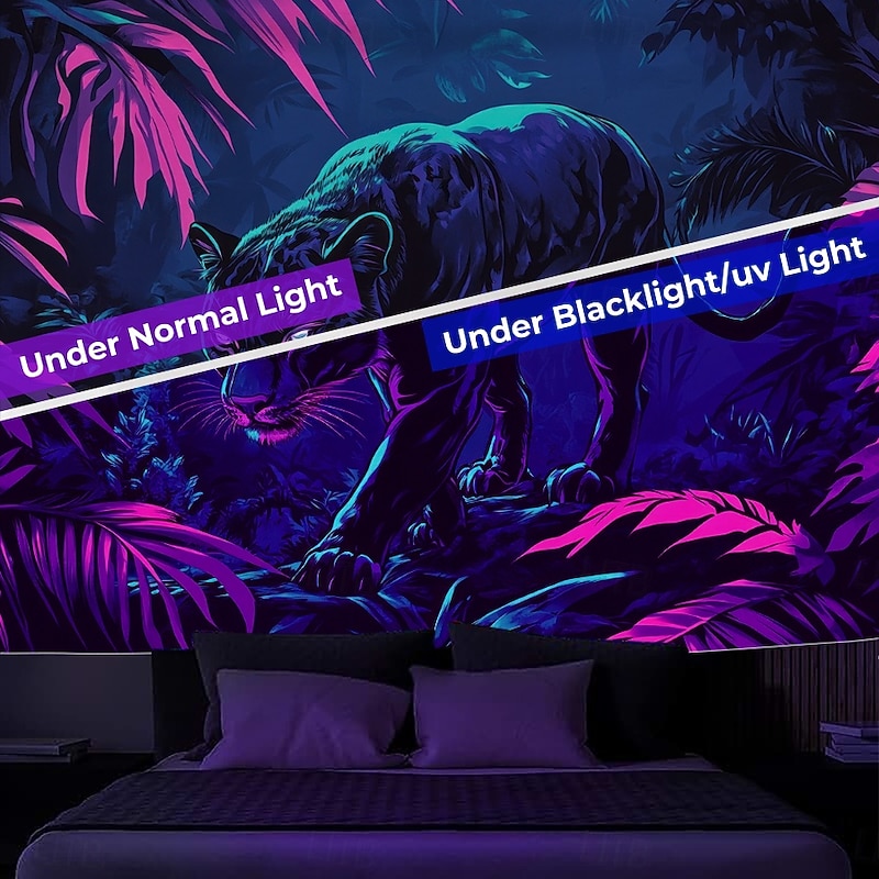Blacklight Tapestry Glow in the Dark Glow Party UV Reactive Forest Animal Leopard Trippy Misty Nature Landscape Hanging Tapestry Wall Art Mural for Living Room Bedroom3