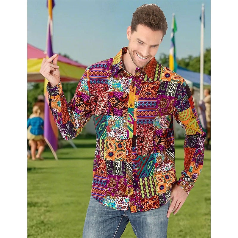 Retro Vintage Boho 1970s Shirt Hippie Patchwork Psychedelic Fancy Dress Men's Halloween Carnival Street Dance Retro Theme Party Festival Adults' Shirt4