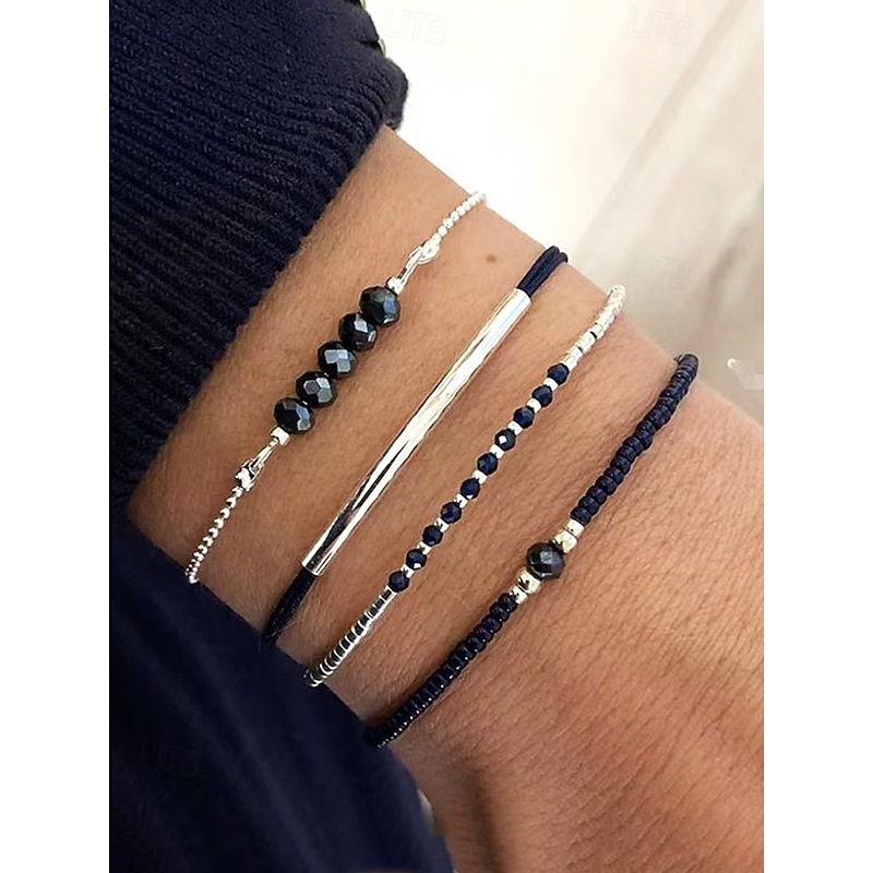 Women's Bohemian black beaded bracelet set, Gold embellishment, Adjustable, Fashionable and trendy jewelry, Suitable for daily wear, Travel and party wear4