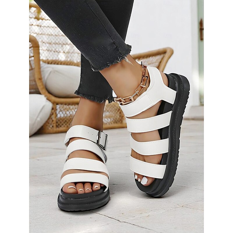 Women's White Buckled Strappy Sandals – Casual Sporty Flat Shoes for Daily Walking, Travel, and Summer Outings2