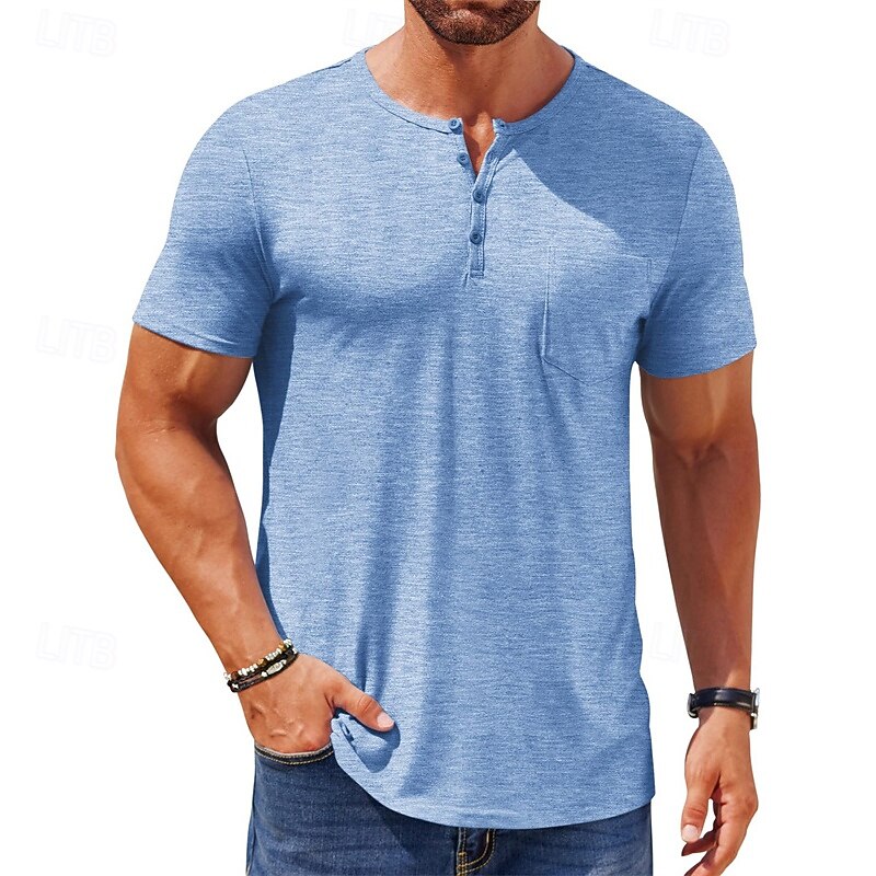Men's T Shirt Henley Shirt Tee Short Sleeve Shirt Short Sleeve Henley Summer Color Block Fashion Designer Basic Buttons Vacation Street Going out Black White Blue Top Tee for Men2