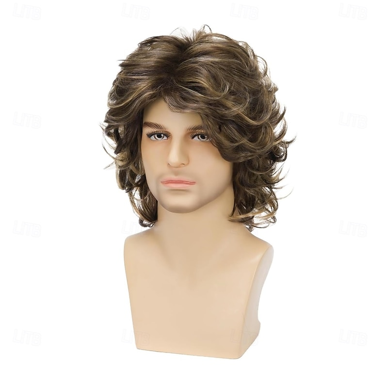 Mens Short Brown Wig Mix Blonde Fluffy Wavy Layered WigCosplay Rocker Party Halloween Costume Synthetic Hair3