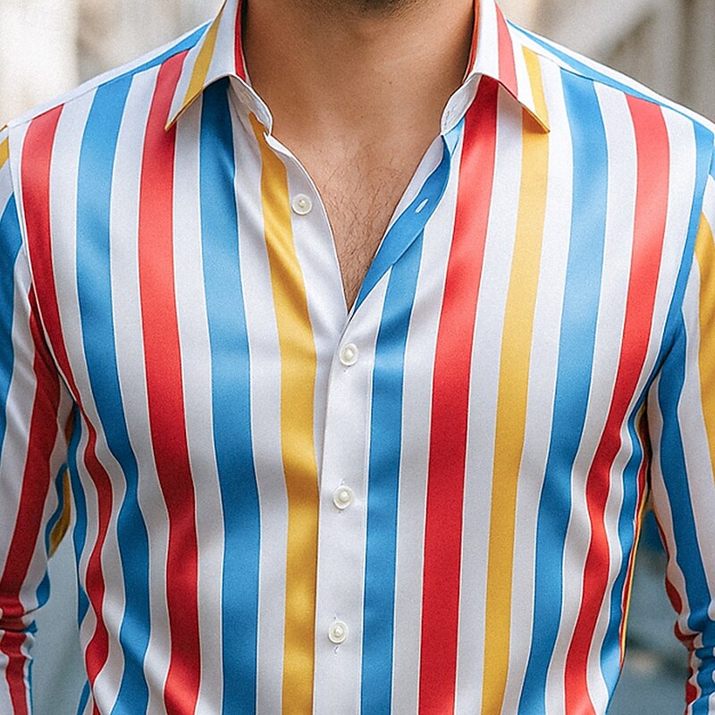 Men's Shirt Satin Shirt Striped Shirt Casual Shirt Button Up Shirt Striped Wedding Vacation Rainbow Long Sleeve Collar Spring &  Fall Clothing Apparel2