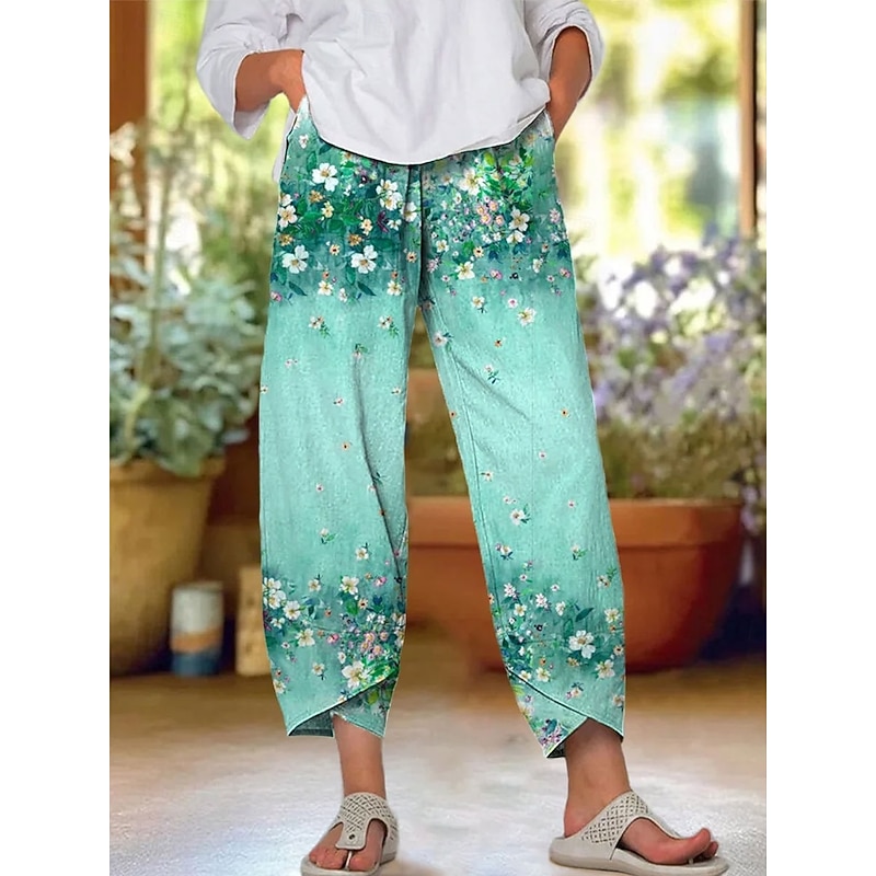 Women's Chinos Baggy Pants Beach Shorts Vacation Vintage Ethnic Style Ankle-Length High Waist Floral Graphic Printing Thermal Warm Soft Breathable Micro-elastic Formal Vacation Street Pink Orange