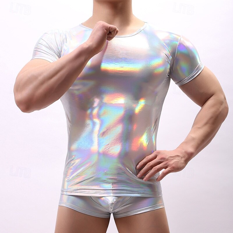 Retro Vintage 1980s T-shirt Disco Shiny Latex Patent Metallic Round Neck Fancy Dress Men's Halloween Carnival Music Festival Pride Parade Gay Club Adults' T-shirt Summer