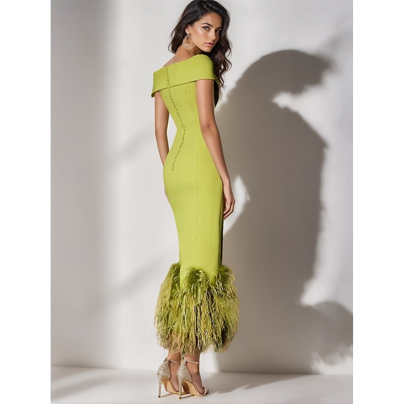 Feather Column Cocktail Dresses Elegant Dress Formal Wedding Ankle Length Short Sleeve Off Shoulder Stretch Crepe2