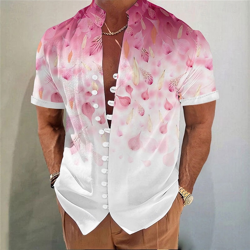 Men's Floral Print Gradient Color Flowers Summer Hawaiian Shirt Aloha Shirt Stand Collar Shirt Short Sleeve Hawaiian Vacation Beach Wear Summer Spring Mandarin Collar 3D Print Button Down Shirts Pink
