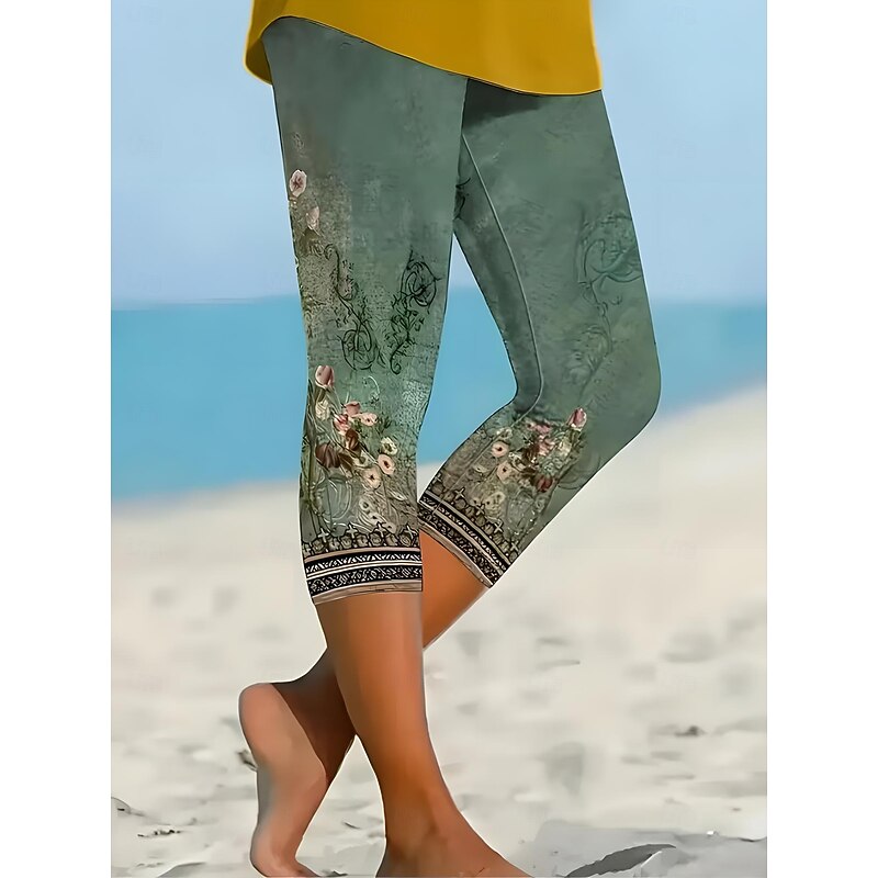 Women's Leggings Vacation Vintage Fashion Calf-Length High Waist Floral Graphic Printing Thermal Warm Breathable Soft Stretchy Outdoor Vacation Street Lake blue Robin's Egg Blue Green ash-colored2