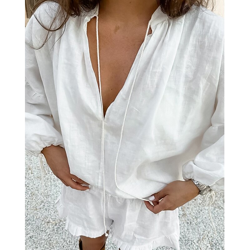 Women's Active Shirt Blouse Shorts Sets Long Sleeve V Neck Solid Color Ruched Outdoor Holiday White Pink Blue Summer Regular Fit4