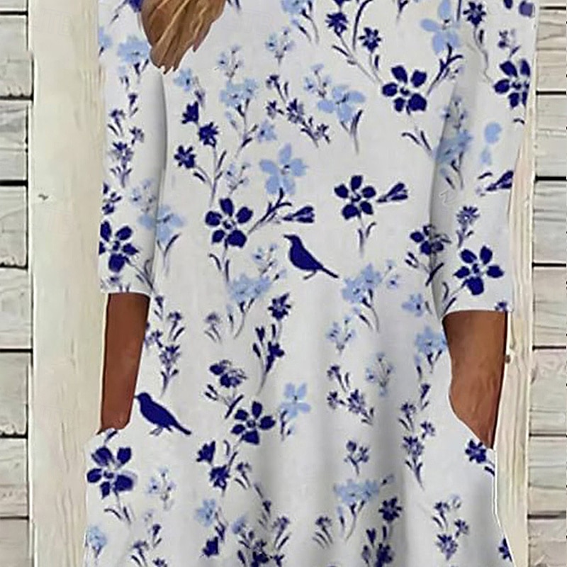 Women's Long Dress Maxi Dress Casual Dress Floral Dress Classic Modern Outdoor Daily Going out Regular Fit Flower Long Sleeve Crew Neck White Blue Fall4