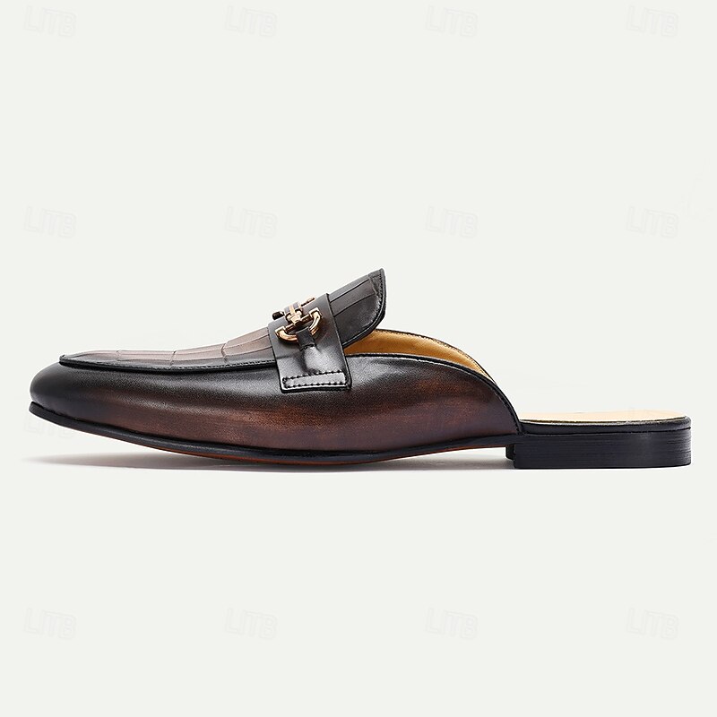 Men's Brown Leather Mule Shoes with Crocodile Pattern and Gold Buckle - Luxury, Stylish, Suitable for Business, Formal Occasions and Evening Wear3