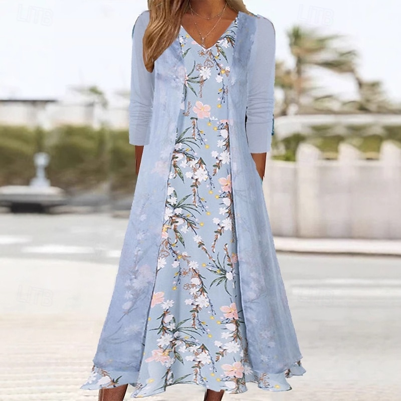 Women's Midi Dress Two Piece Dress Print Dress Classic Modern Vacation Holiday Going out Regular Fit Flower Long Sleeve V Neck Light Blue Fall