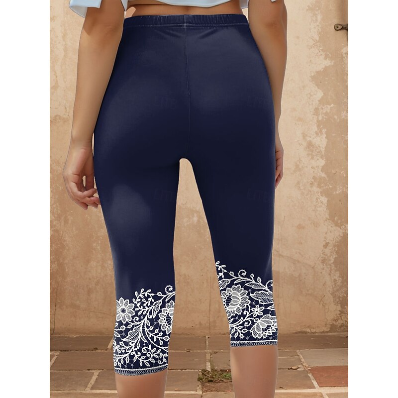 Women's Leggings Capri Pants 3D Print High Elasticity Vacation Vintage Fashion Calf-Length High Waist Floral Graphic Printing Breathable Soft Stretchy Formal Vacation Office Navy Summer Spring2