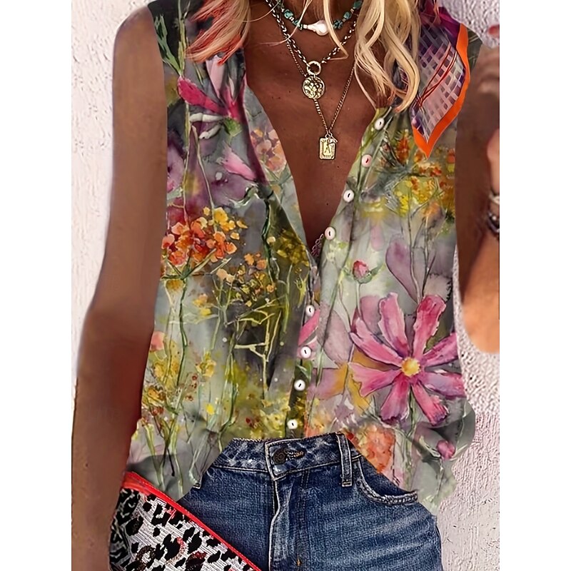 Women's Camisole Tank Top Floral Daily Casual Sleeveless V Neck Regular Tops Daily Print Green Summer