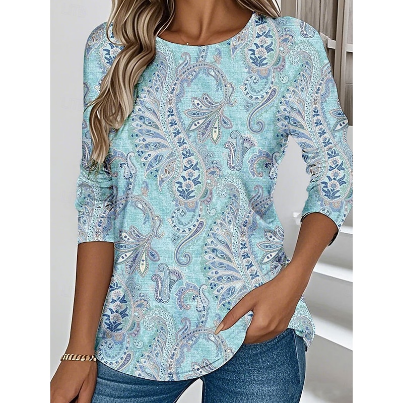 Women's T shirt Long Sleeve Crew Neck Long Sleeve Tunic Floral Graphic Paisley Vintage Stylish Classic Regular Tops Daily Weekend Print Pink Blue Purple  Prefall3