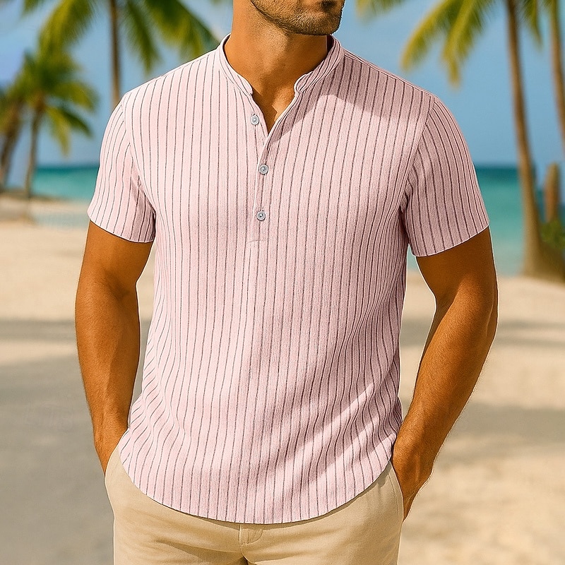 Men's Shirt Linen Shirt Popover Shirt Casual Shirt Cotton Shirt Stripe Vacation Street White Pink Navy Blue Dark Green Short Sleeve Band Collar Summer Clothing Apparel2