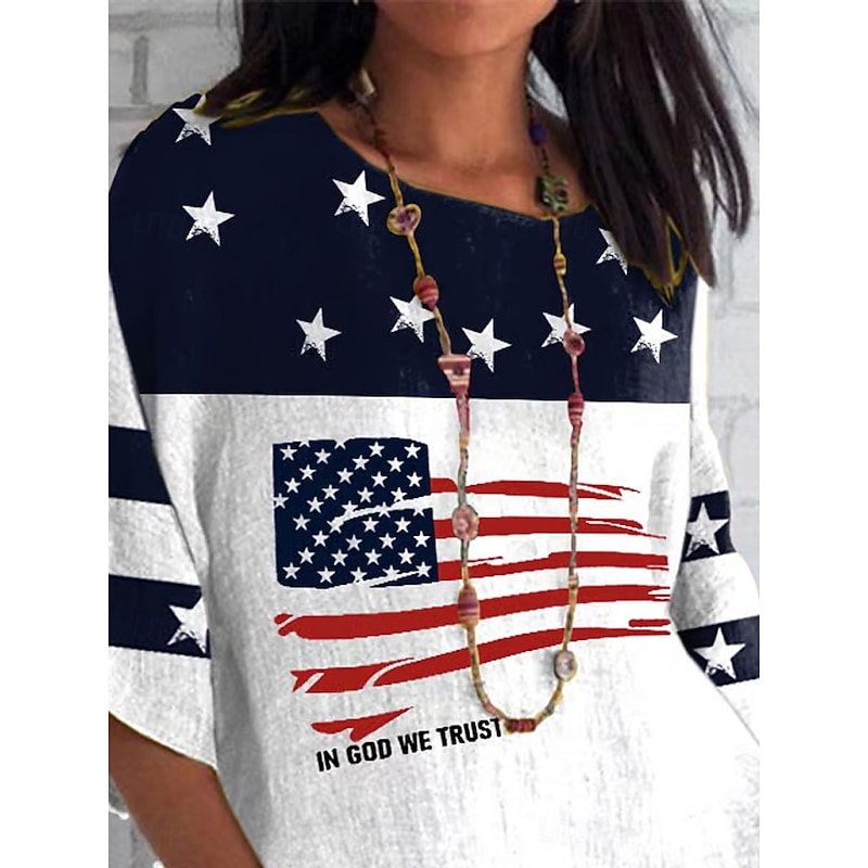 Women's Patriotic  Summer Tops Graphic Flag Vintage Casual 3/4 Length Sleeve Crew Neck Regular Tops Daily Print White Summer Spring2