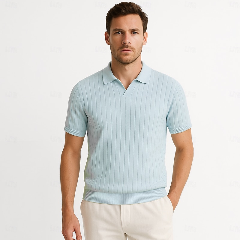 Men's Polo Knit Polo Sweater Business Casual V Neck Short Sleeve Formal Solid Color Novelty Summer All Seasons Light Blue Light Khaki Black White Army Green Coffee Polo2