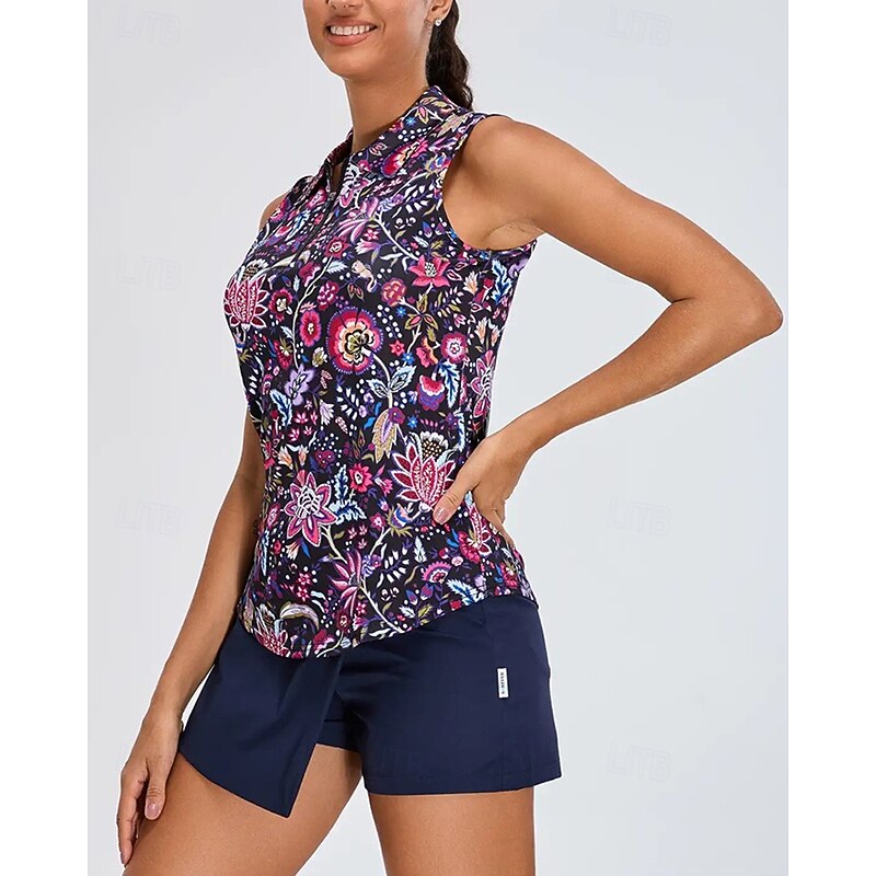 Women's Floral Tennis Shirt Sleeveless Print UPF50+ Quick Dry Tennis Golf Outdoor Exercise Zip Collar Tee Tshirt Top Purple Tennis Clothing4