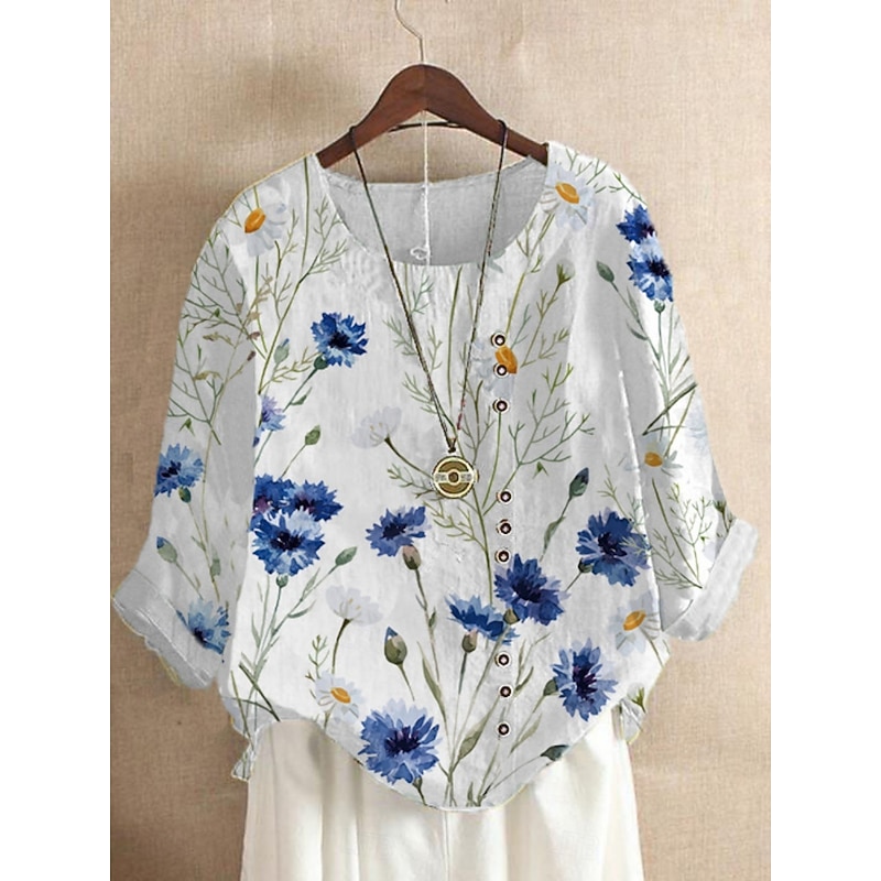Women's Linen Shirts Floral Daily Retro Vintage Long Sleeve Crew Neck Regular Tops Daily Holiday Buttons Print White Blue Green Light Blue Summer4