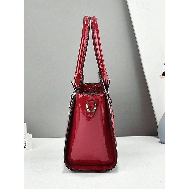 Women's Patent Faux Leather Handbag Set – Glossy Structured Top-Handle Bag with Wallet, Elegant Crocodile Pattern, for Office, Business and Formal Events4